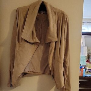 Suede-Look Open Front Jacket in Tan
